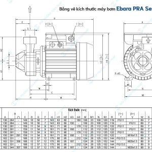Bảng vẽ kích thước máy bơm Ebara PRA Series